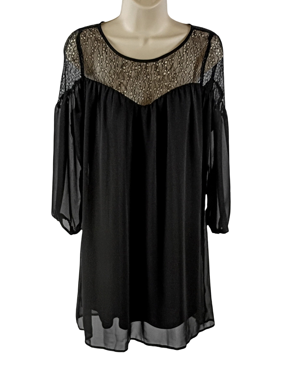 Black Lace Yoke Long Sleeve Dress